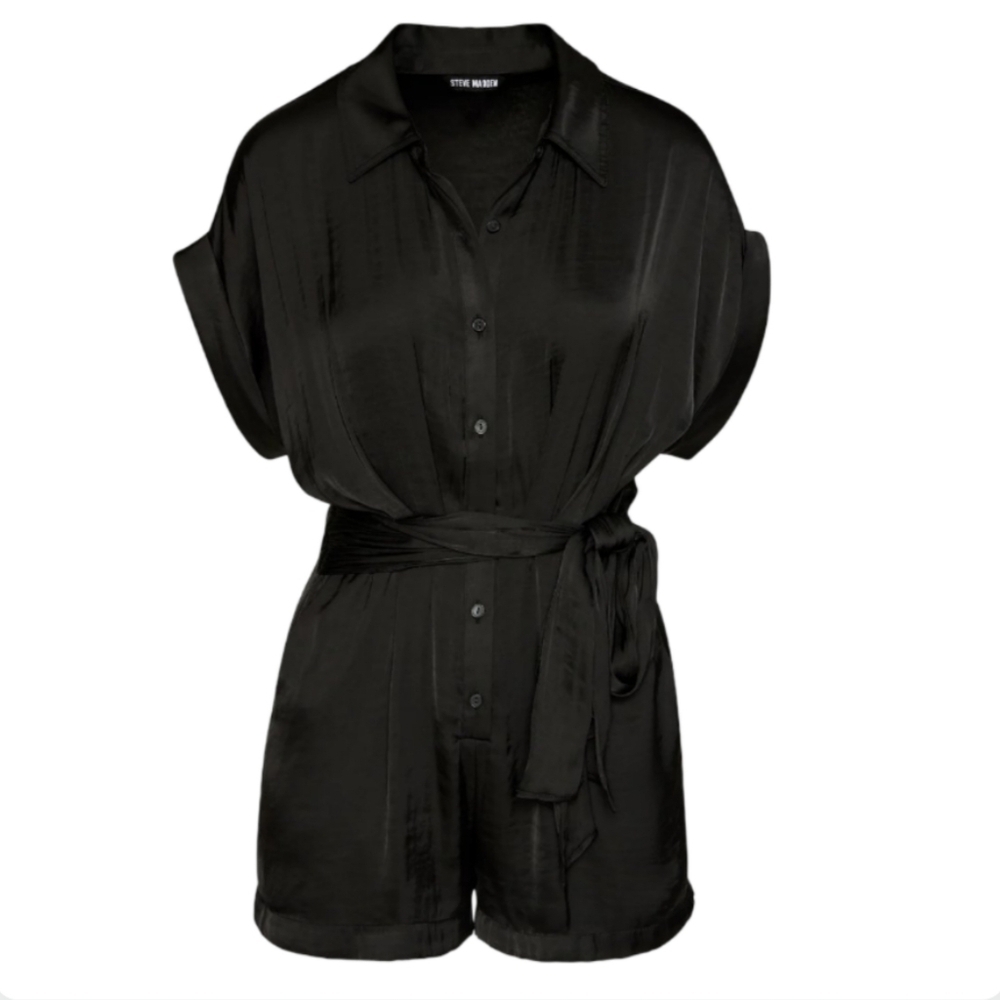 Steve Madden TORI Black Satin Romper Button Front NWT 0/XS